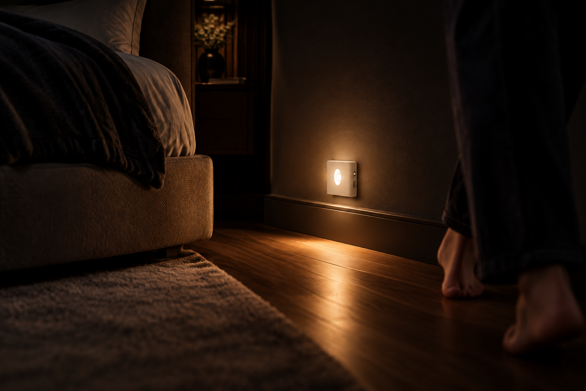 Quarto escuro à noite iluminado suavemente por uma luminária